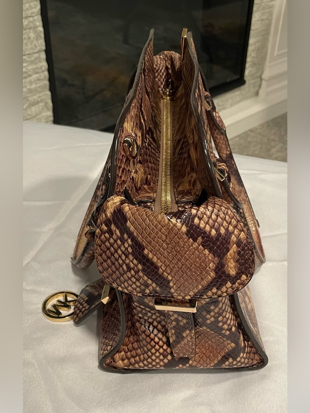 Michael Kors Brown Python Embossed Leather Medium Harper Satchel - Picture 3 of 15